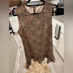 PERFECT Condition Sleeveless Black and Tan Patterned Dress with Ruffle Bottom